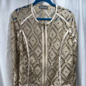 NWT Bagatelle Woman's Golden Metalli Lace Cut Out Zip Up Jacket 100% Poly